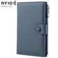 Denim blue genuine leather RFID document storage bag with side zipper and snap button tab