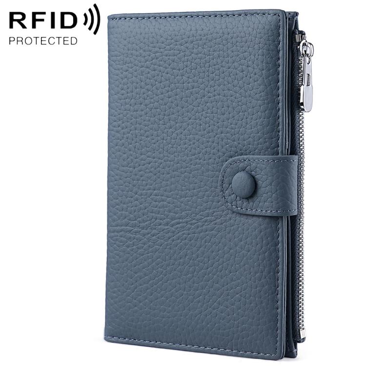 Denim blue genuine leather RFID document storage bag with side zipper and snap button tab