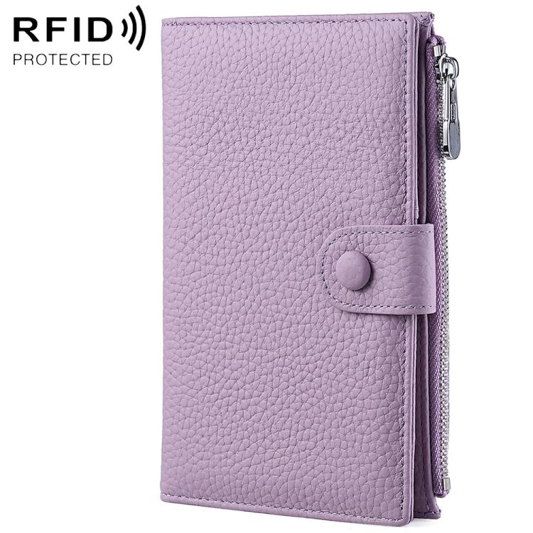 Lavender genuine leather RFID document storage bag with side zipper and snap button closure
