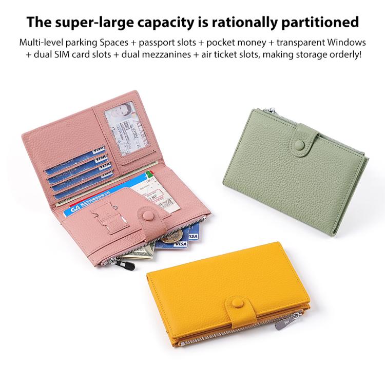 Genuine leather RFID document storage bag with card slots, shown in pink, green, and yellow