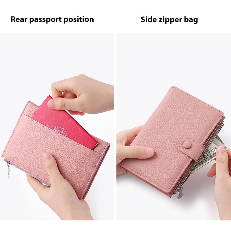 Pink genuine leather RFID document storage bag being opened and used for rear passport access