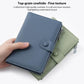 Blue and light green genuine leather RFID document storage bags with side zippers and snap straps