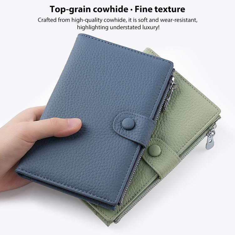 Blue and light green genuine leather RFID document storage bags with side zippers and snap straps