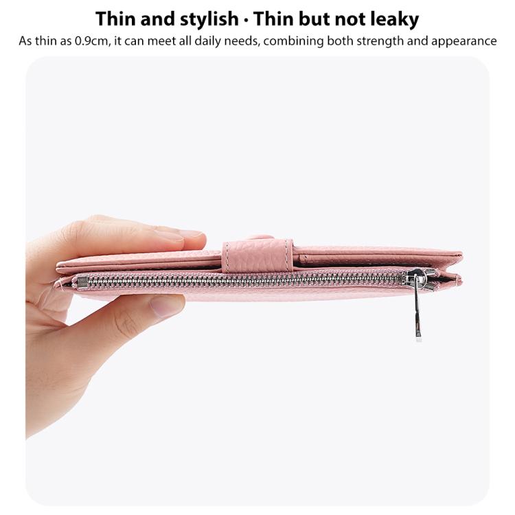 Pink genuine leather RFID document storage bag slim profile with side zipper and metal pull