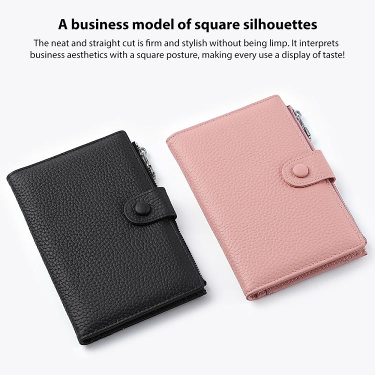 Pink and black genuine leather RFID document storage bags with snap button