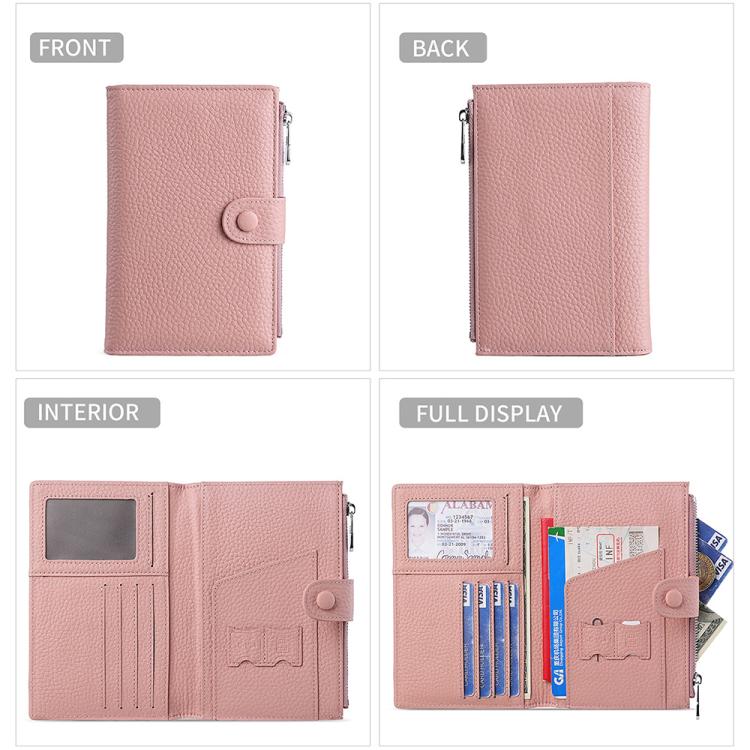 Pink genuine leather RFID document storage bag with snap button and zipper