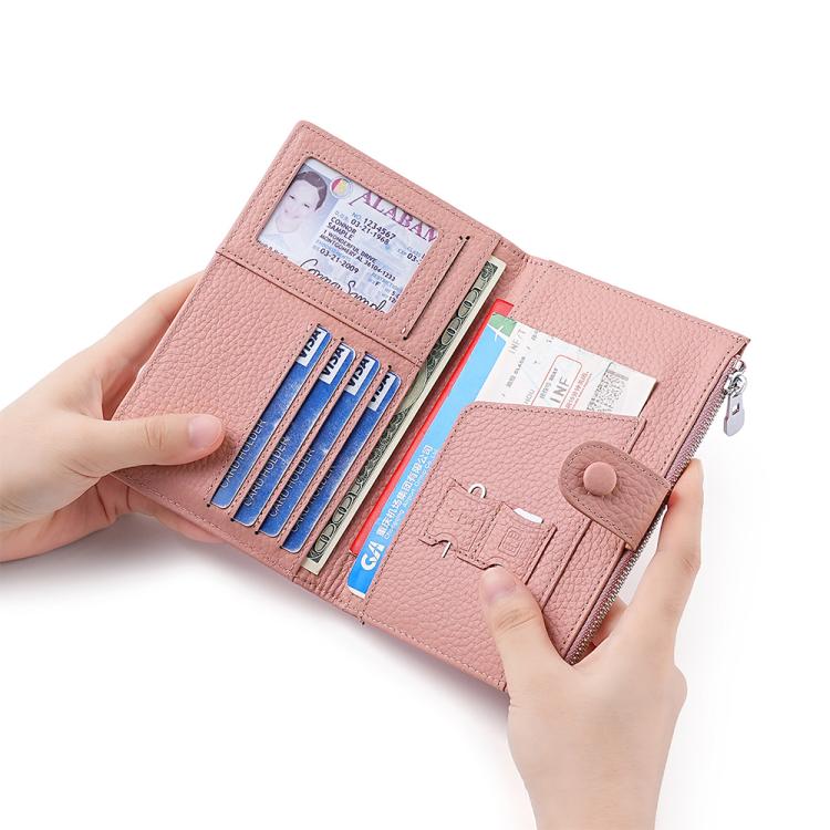 Pink genuine leather RFID document storage bag with ID window and card slots