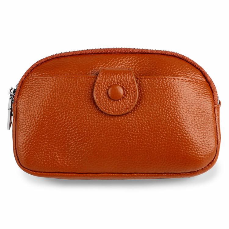 Brown genuine leather crossbody bag with top zipper and rounded front pocket detail