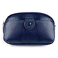Dark blue genuine leather crossbody bag with top zipper and rounded front pocket detail