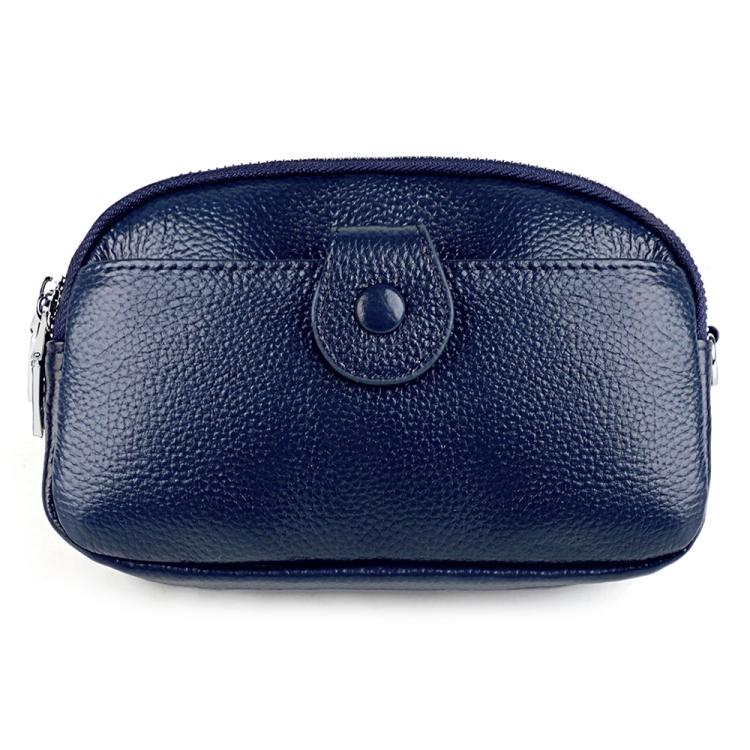 Dark blue genuine leather crossbody bag with top zipper and rounded front pocket detail