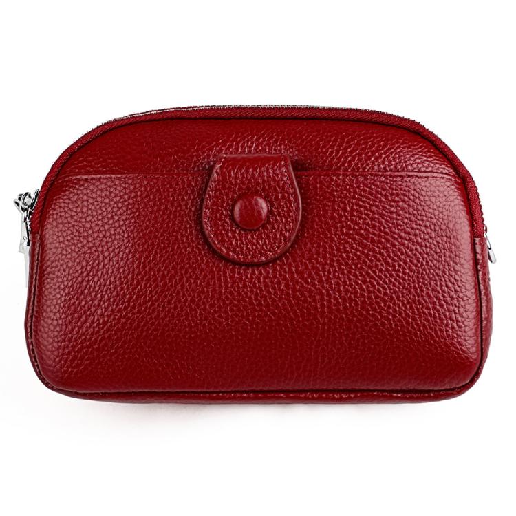 Wine red genuine leather crossbody bag with top zipper and rounded front pocket detail