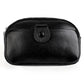 Black genuine leather crossbody bag with top zipper and rounded front pocket detail