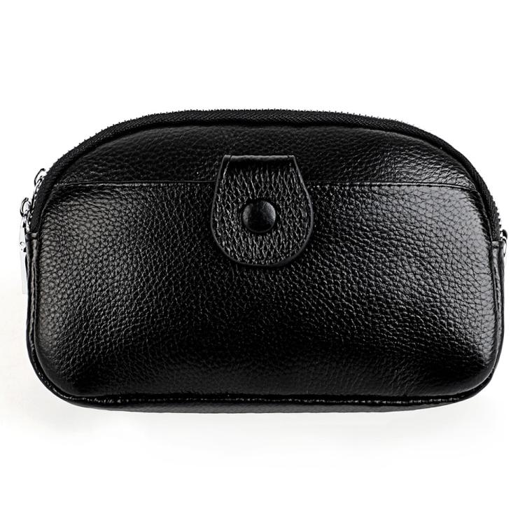 Black genuine leather crossbody bag with top zipper and rounded front pocket detail