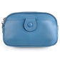 Light blue genuine leather crossbody bag with top zipper and rounded front pocket detail