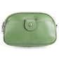 Light green genuine leather crossbody bag with top zipper and rounded front pocket detail
