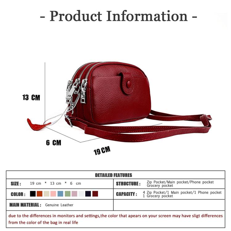 Red genuine leather crossbody bag, compact shape with zippered front pocket and strap