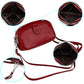 Red genuine leather crossbody bag with top zip and roomy interior shown