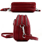 Red genuine leather crossbody bag, front view and side view with dual zippers