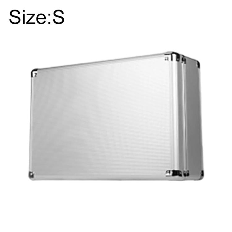 Aluminum key lock storage case, S size, silver side view with corner latches