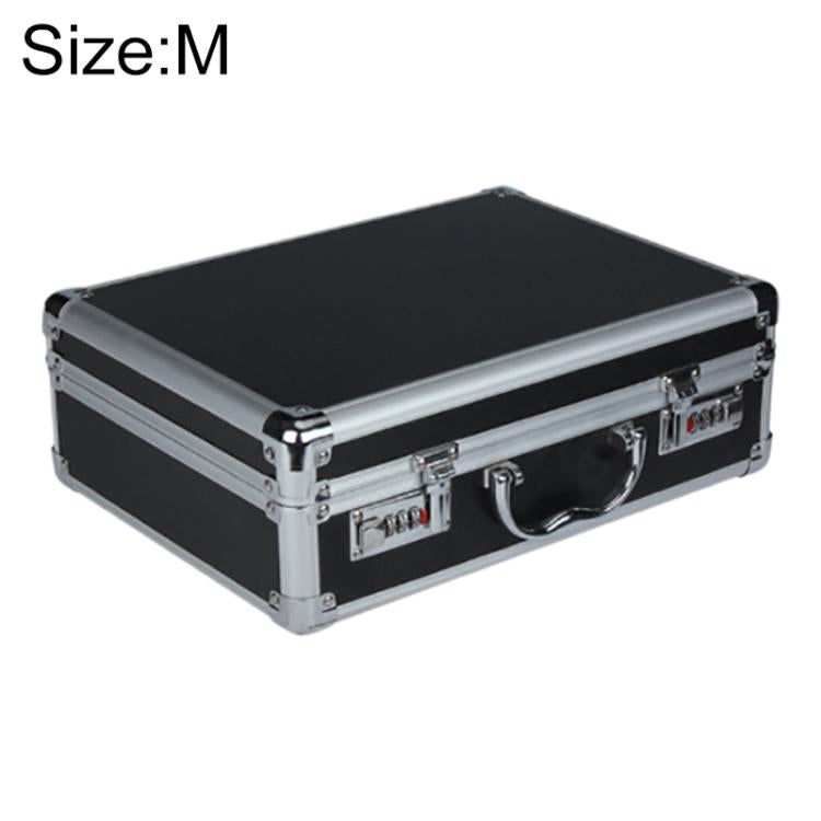 Aluminum key lock storage case, M size, black with handle and front lock panel