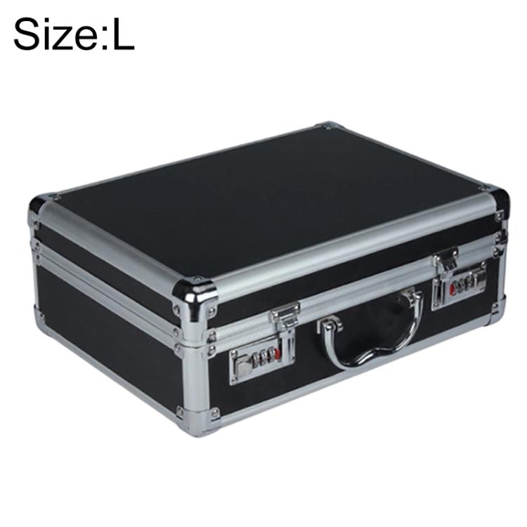 Aluminum key lock storage case, L size, black with handle and front latch locks
