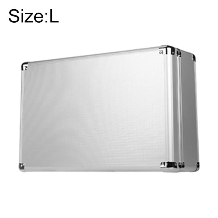 Aluminum key lock storage case, L size, silver side view with corner latches