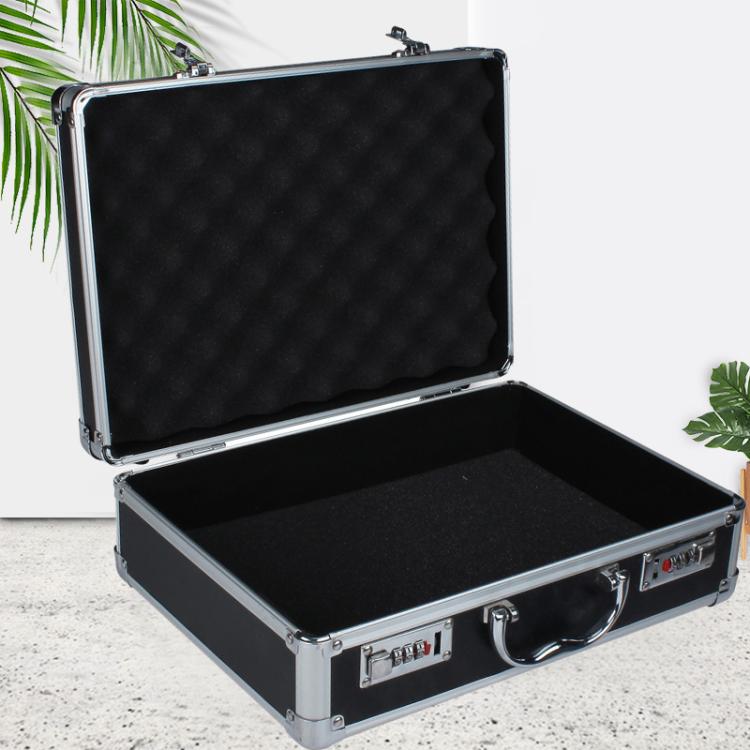 Open aluminum key lock storage case, black, with lid, latches, and carry handle