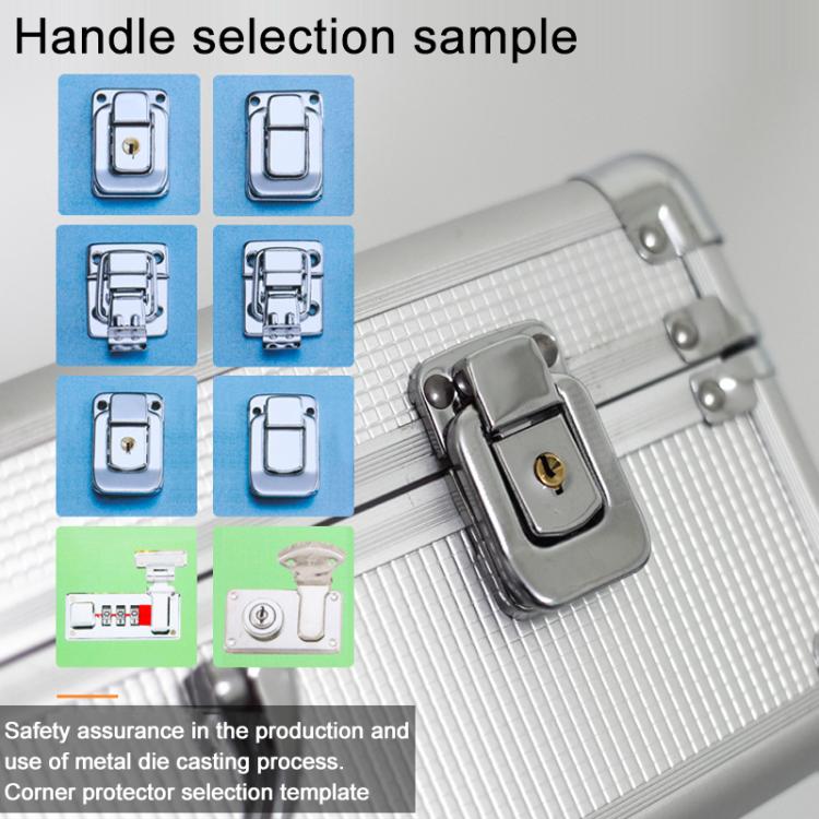 Aluminum key lock storage box, silver metal handle and latch close-up