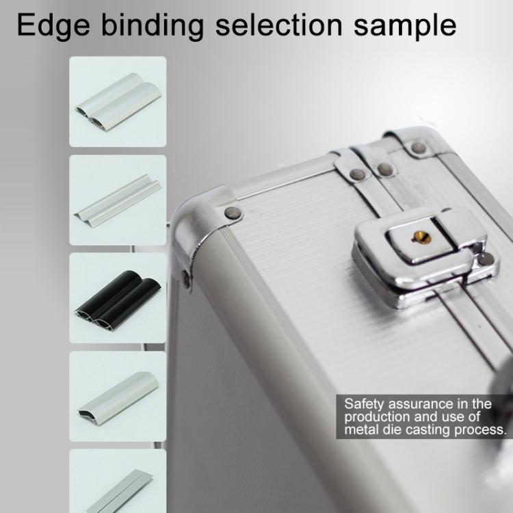 Aluminum key lock storage box edge binding with metal latch and screw detail