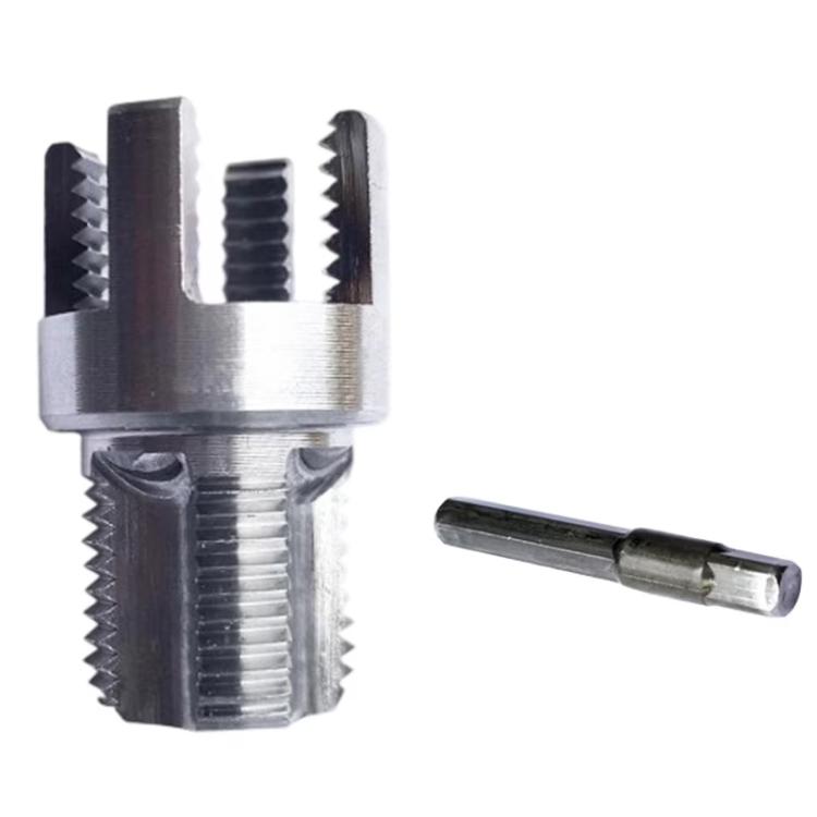 Integrated thread cutting tool showing internal and external groove cutting teeth, with handle pin