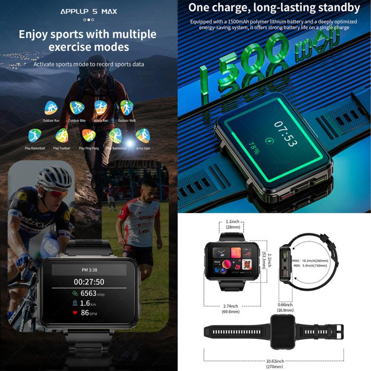 Black LOKMAT APPLLP 5 Max smartwatch displaying fitness data, with side and band views