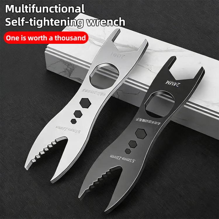 Two silver multifunction self-tightening wrenches with hex and grip features