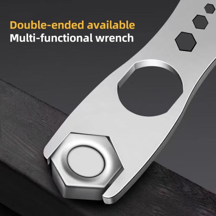 Silver double-ended multifunction wrench with large hex opening and hex key slots
