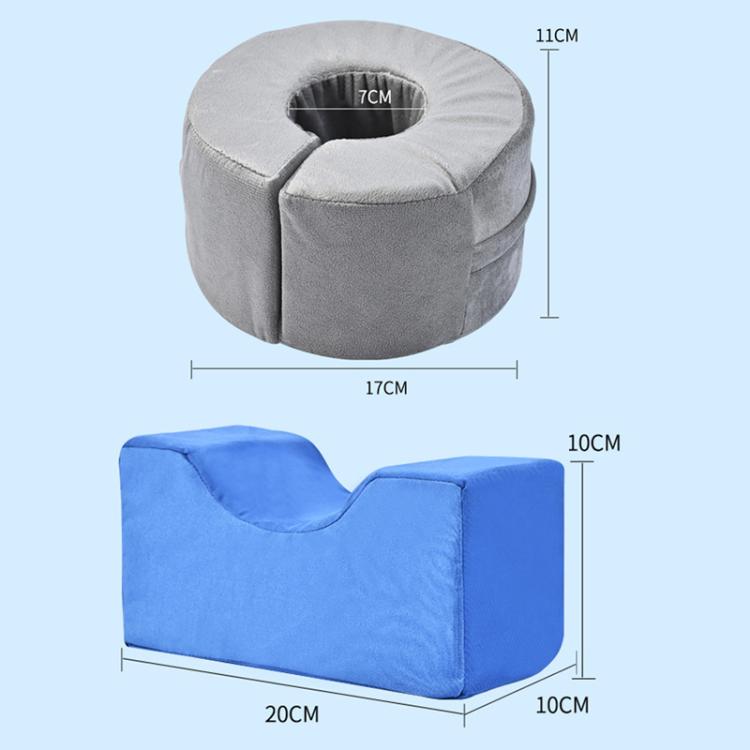 Gray hand and foot positioning cushion with circular opening, with visible size diagram