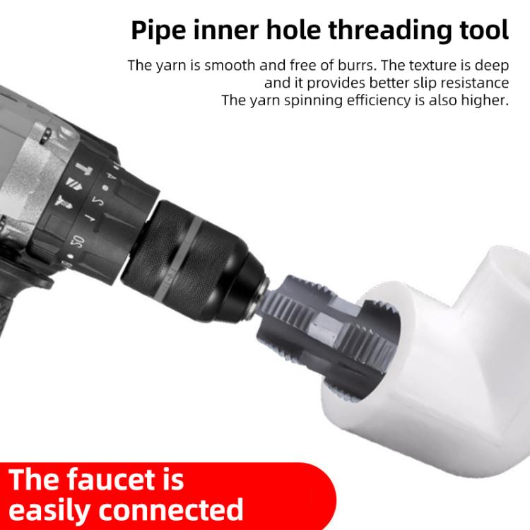 Pipe inner hole threading tool with tapered cutter bit installed on a white pipe elbow
