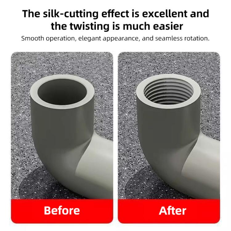 Tapered internal threading cutter shown forming internal threads in a gray pipe elbow