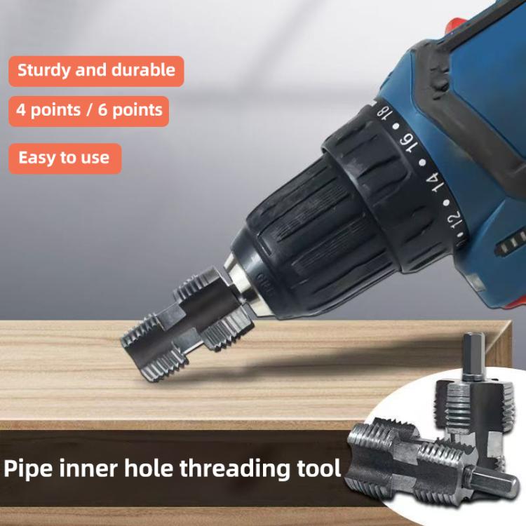 Pipe inner hole threading tool with drill chuck and threaded reamer on wood