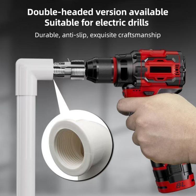 Double-headed reaming tool on a drill with a white pipe elbow connection