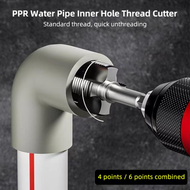 PPR water pipe inner thread cutter attaching to a pipe elbow with tapered spinning bit