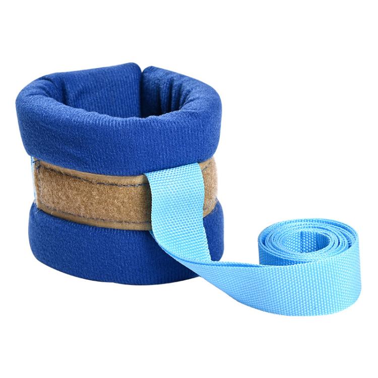 Blue padded limb cuff with light-blue webbing strap, shown with rolled strap end.