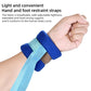Blue and light-blue limb restraint strap with cushioned cuff, shown on a raised hand.