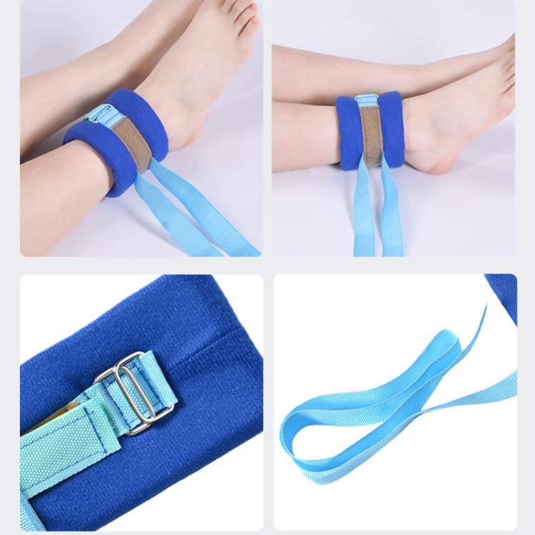 Light-blue webbing limb straps with blue cuffs and metal buckle, shown on legs.