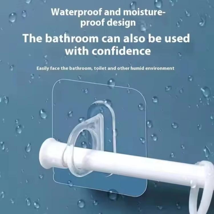 Transparent self-adhesive hook securing a bar on a wet bathroom surface