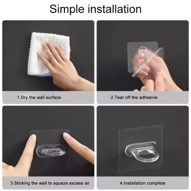 Self-adhesive round hook installation steps shown with clear hook backing