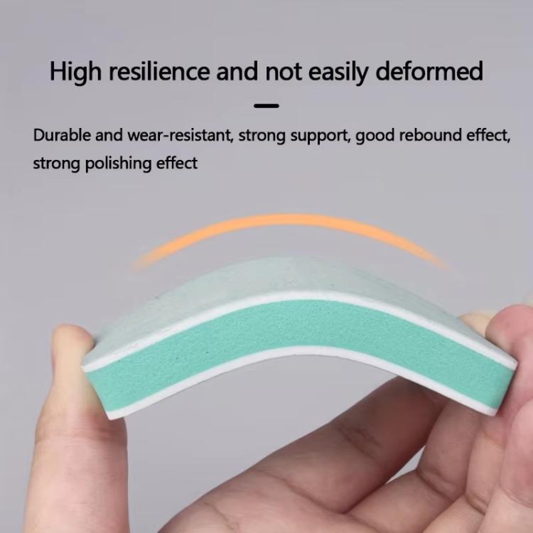 Double-sided polishing block with gray abrasive surface and teal base strip, curved view