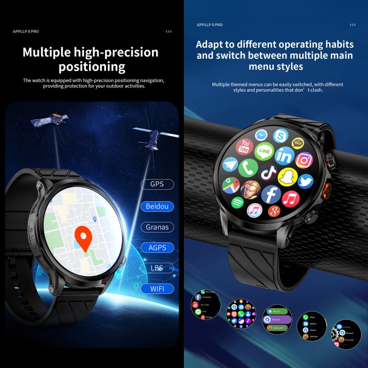 LOKMAT APPLLP 8 Pro smartwatch showing a map and customizable app menu