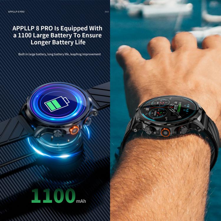 LOKMAT APPLLP 8 Pro smartwatch with black strap shown on a wrist and battery graphic