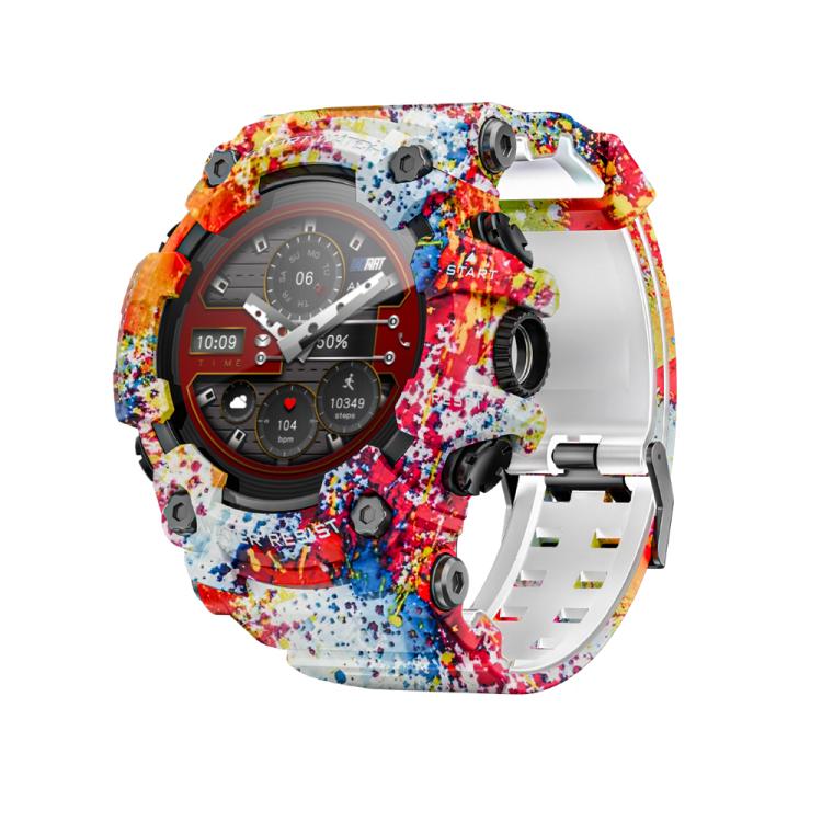 LOKMAT ATTACK T rugged smartwatch with multicolor splatter-pattern case and white strap