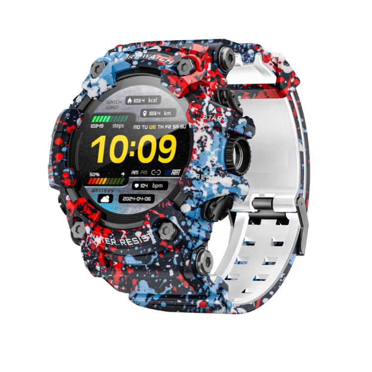 LOKMAT ATTACK T rugged smartwatch with blue, red and white splatter pattern and white strap