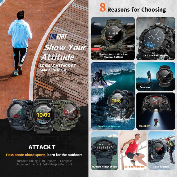 LOKMAT ATTACK T rugged smartwatch shown with outdoor features including GPS, SOS and water resistance